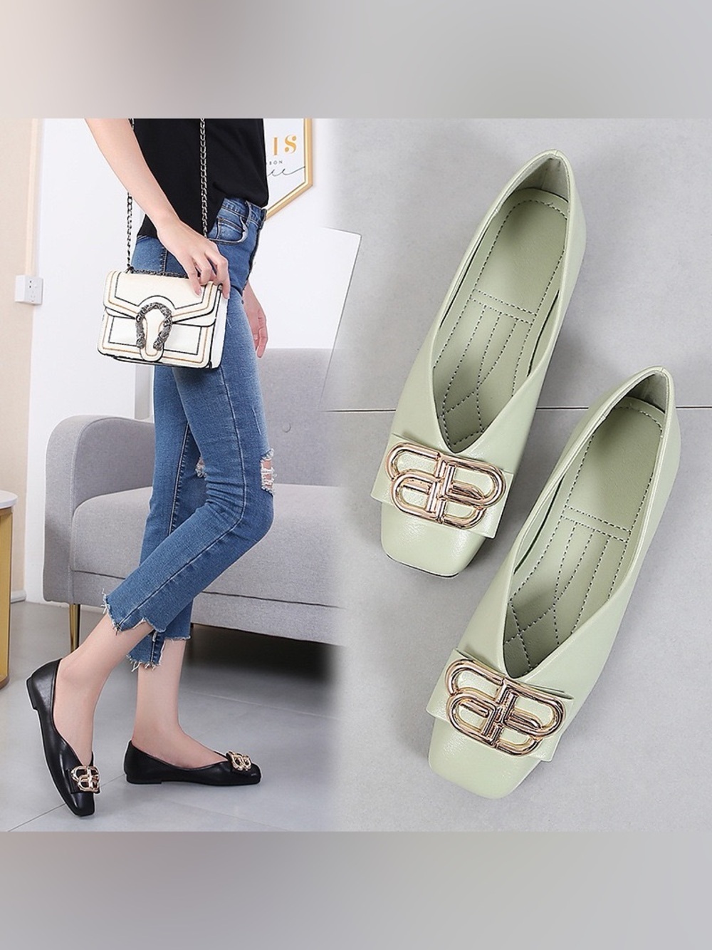 Women's Mint Green Slip-On Ballet Flats with Gold Accent